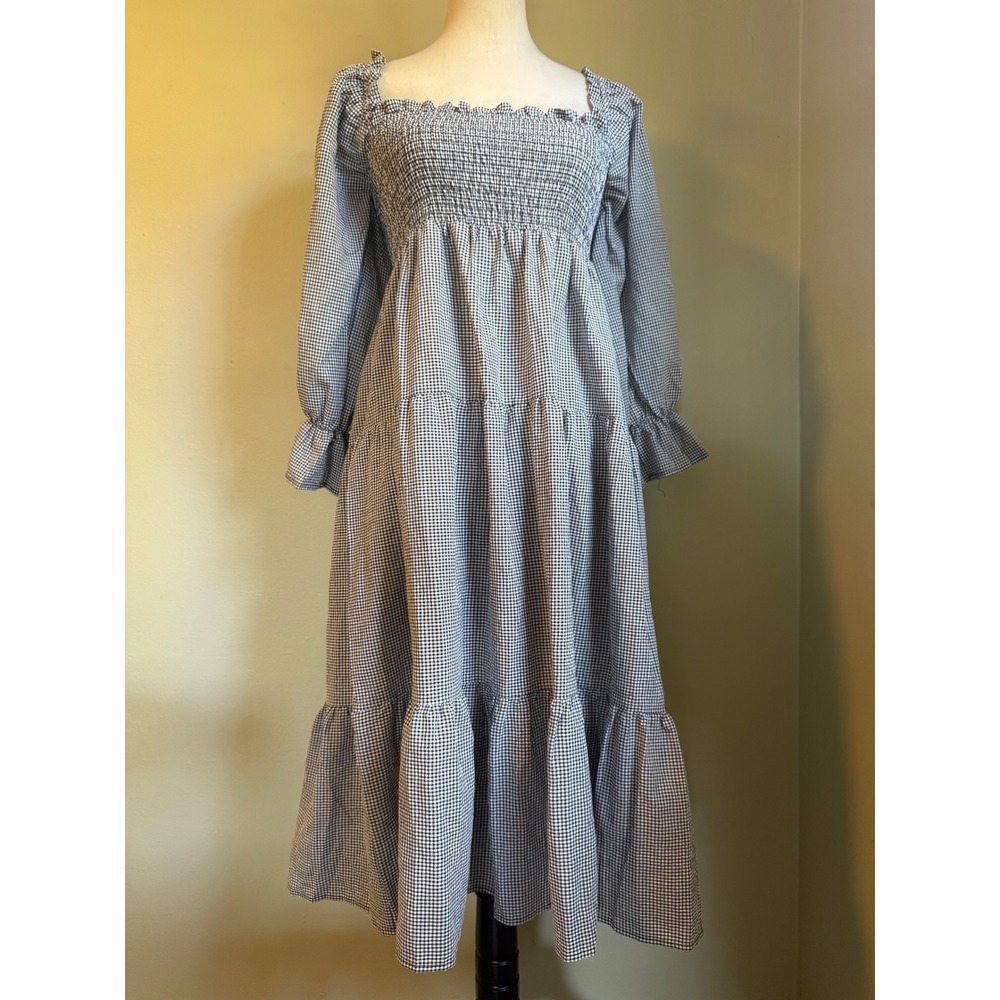 Smocked Square-Neck Midi Dress in Blue Gingham